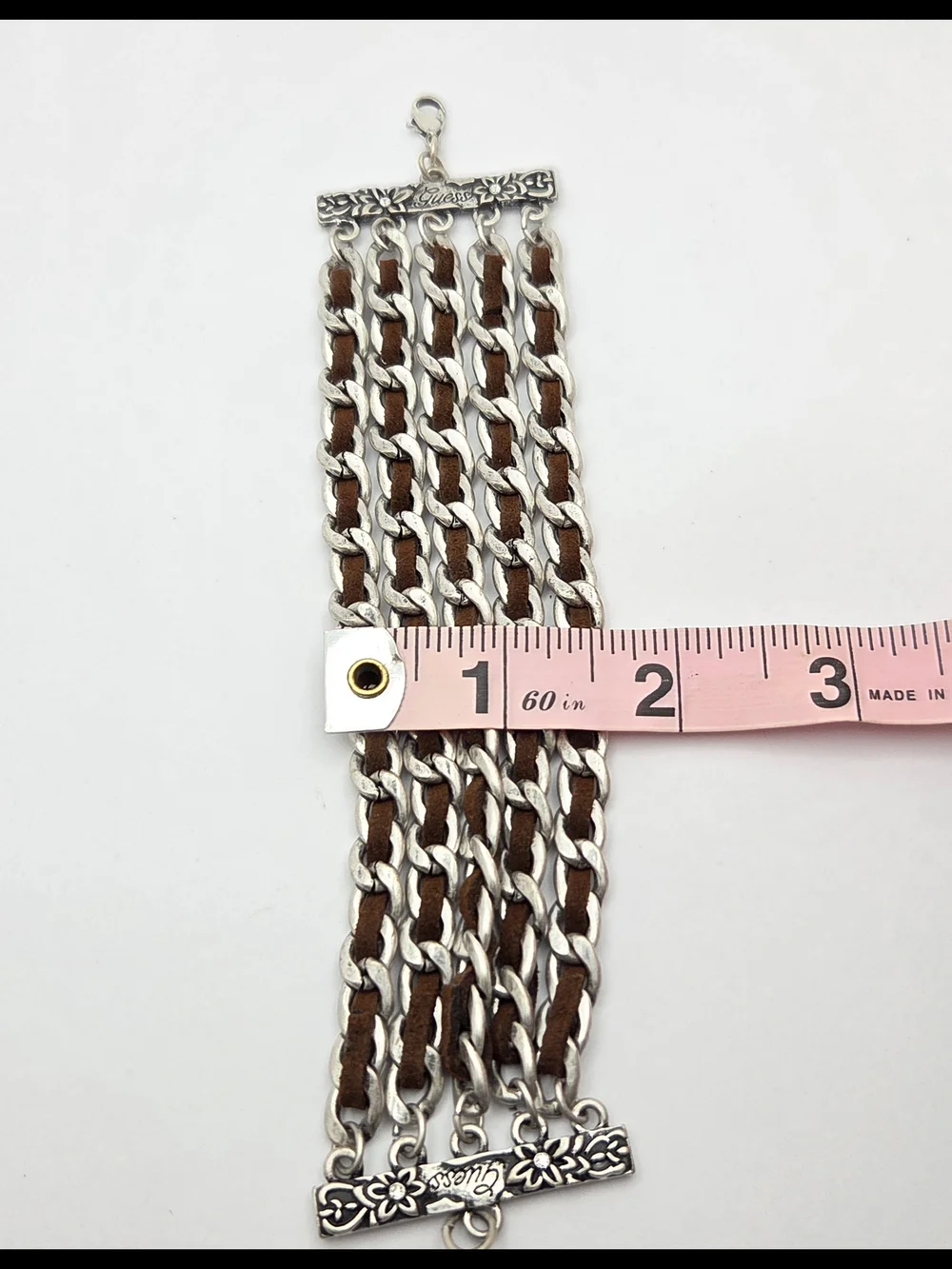 ​GUESS Silver Tone Multi Strand Wide Chain & Brown Suede Cuff Bracelet
